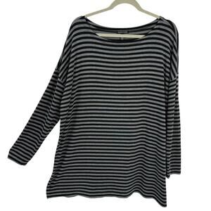 Eileen Fisher Large Boxy Striped Tunic Top Dolman Sleeve Black Gray Pullover
